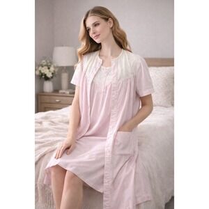 Vtg Carole Pink Seersucker Nightgown Housecoat Set Sz S USA Pocket Cottagecore